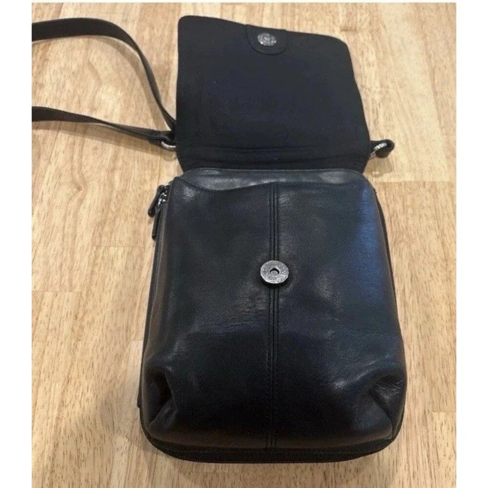 Coldwater Creek Black Leather Crossbody Organizer Handbag purse Bag 7”x9”